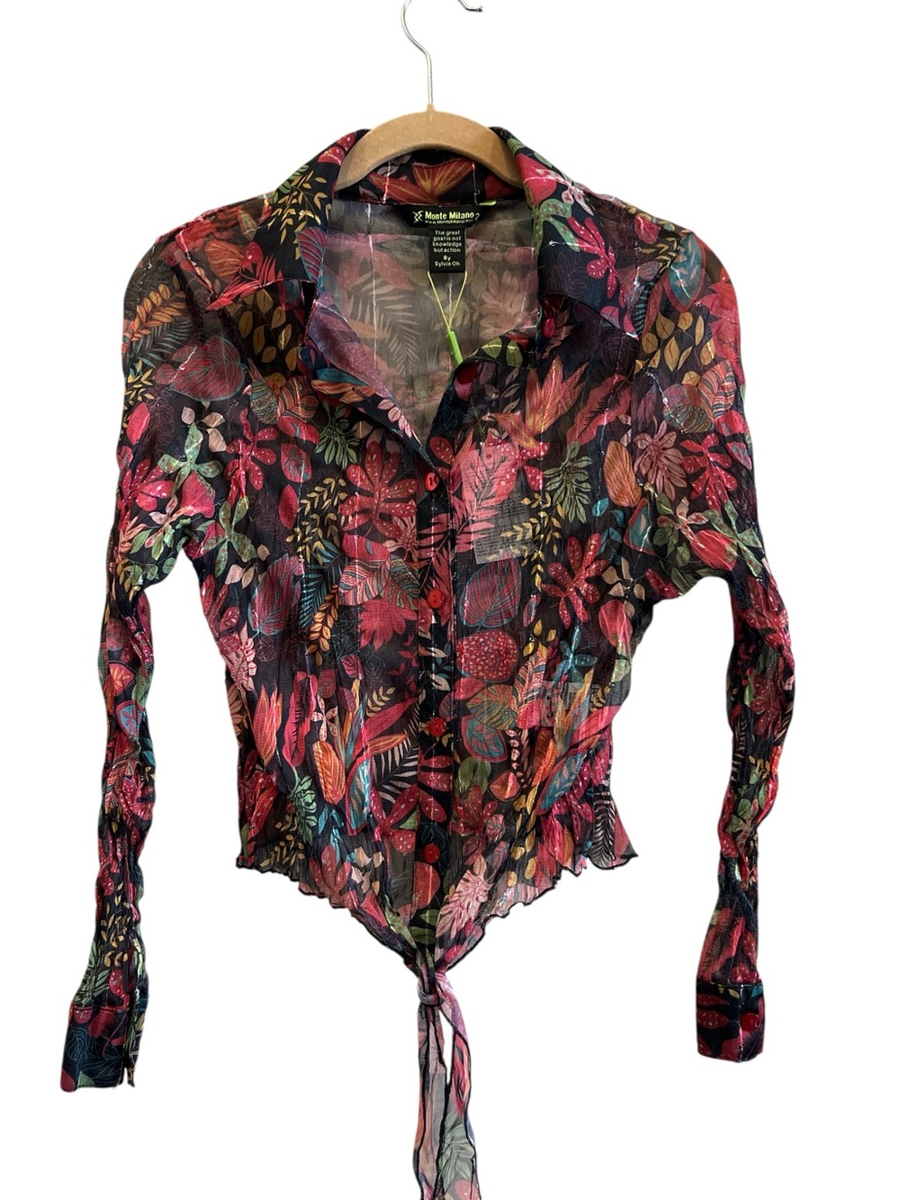 Monte Milano Sheer Mesh Black Floral Tie-Front Button-Down Blouse Size Medium